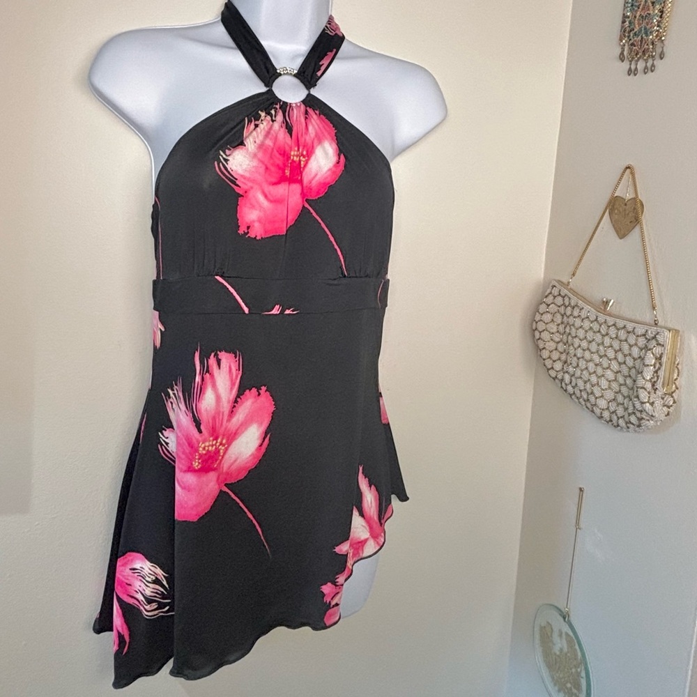 Black Halter Dress with Pink Floral Design Y2K asymmetrical mini dress medium